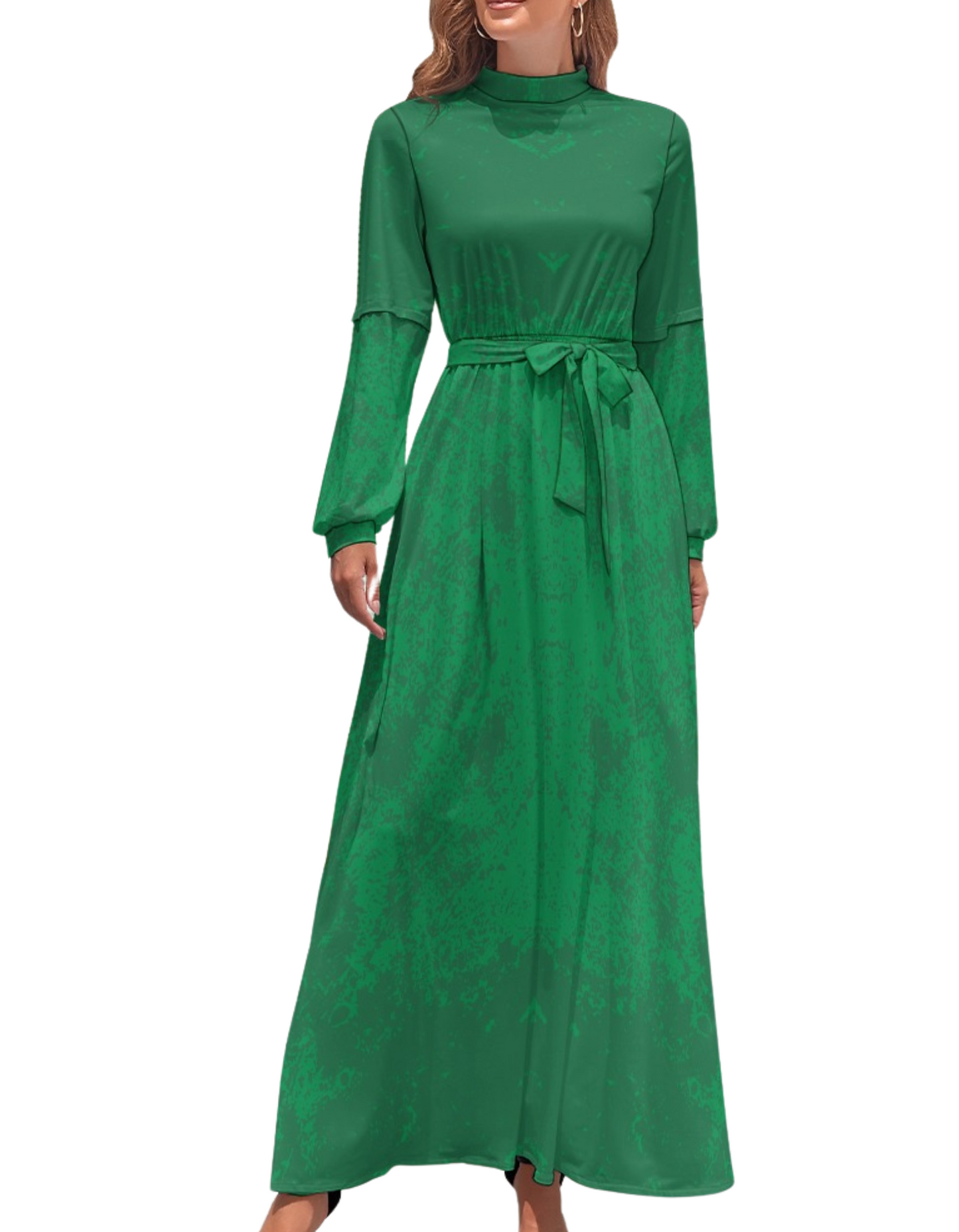 Women's Green Ombre Long Sleeve Belt Tie Waist Maxi Dress