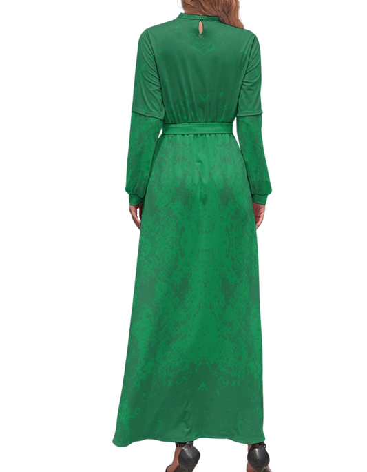 Women's Green Ombre Long Sleeve Belt Tie Waist Maxi Dress