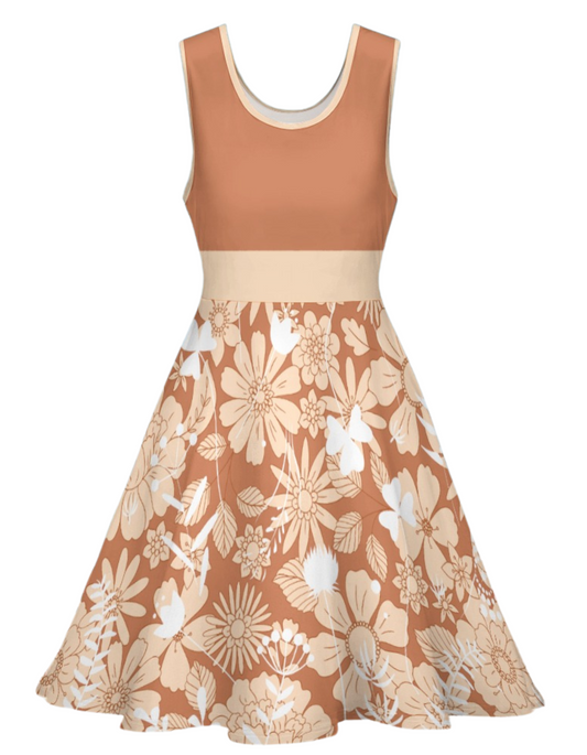 Women's Floral Retro Print Round Scoop Neck Sleeveless Skater Style Flared A-Line Dress