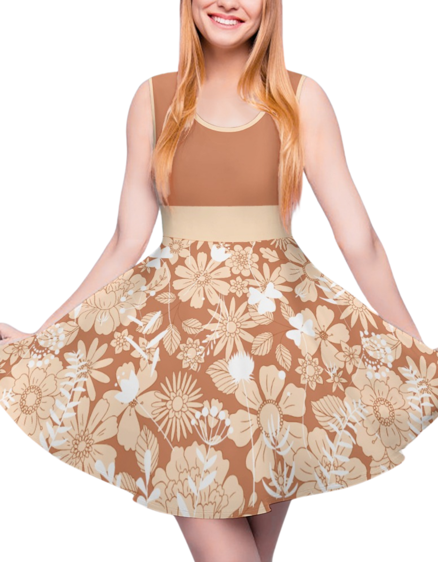 Women's Floral Retro Print Round Scoop Neck Sleeveless Skater Style Flared A-Line Dress