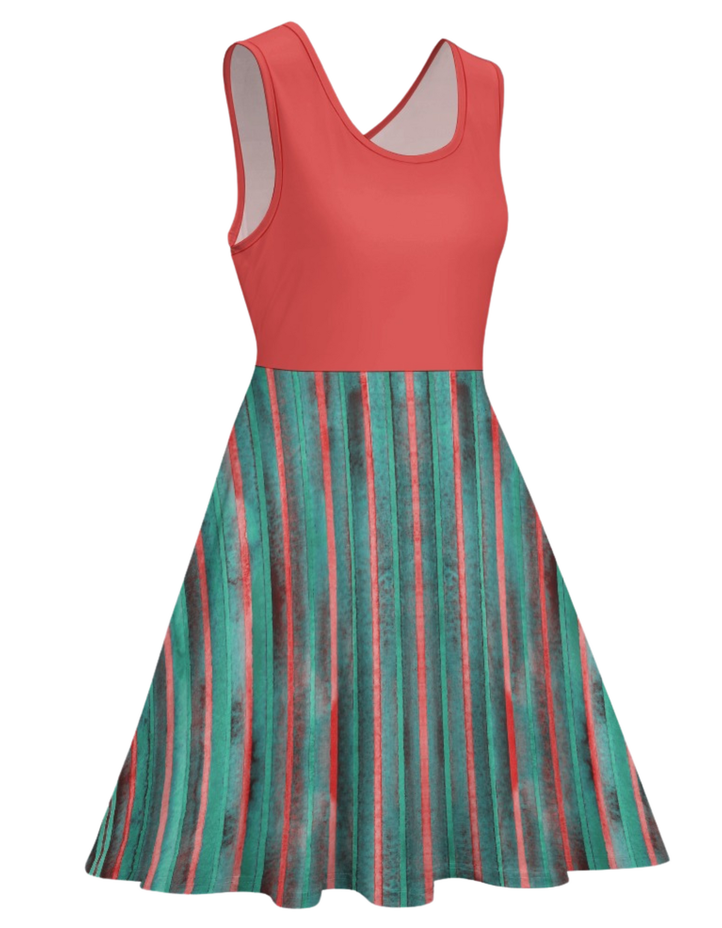 Women's Stripe Contrast Print Dress Round Scoop Neck Sleeveless Flared Dress