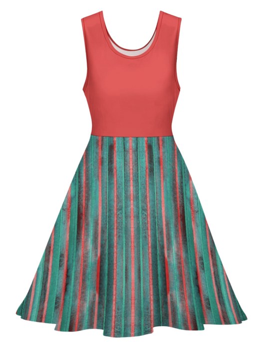 Women's Stripe Contrast Print Dress Round Scoop Neck Sleeveless Flared Dress