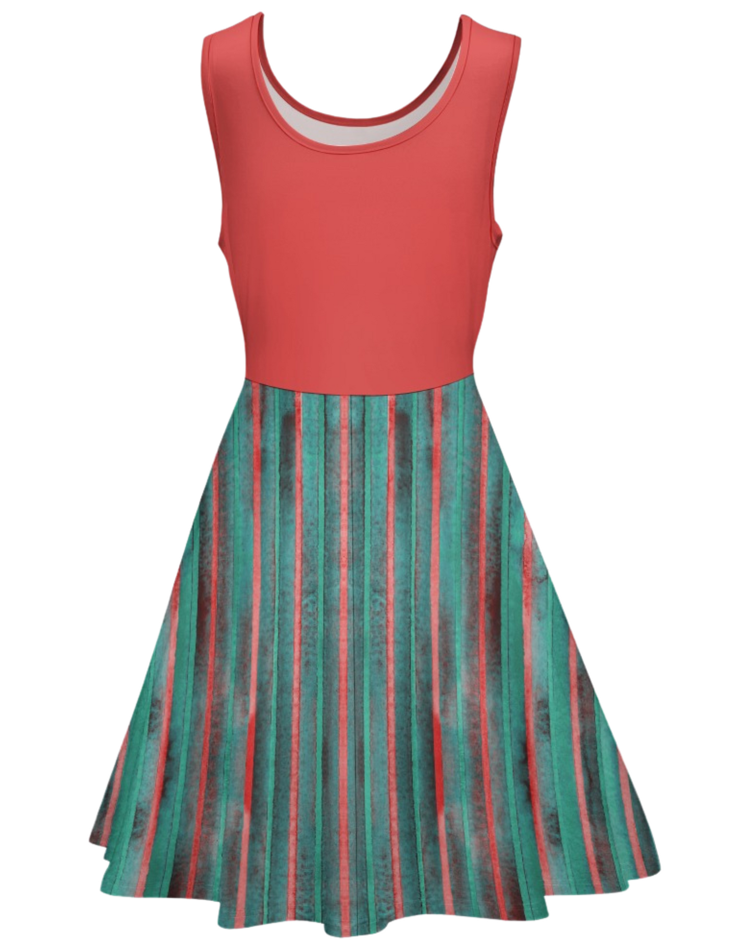 Women's Stripe Contrast Print Dress Round Scoop Neck Sleeveless Flared Dress