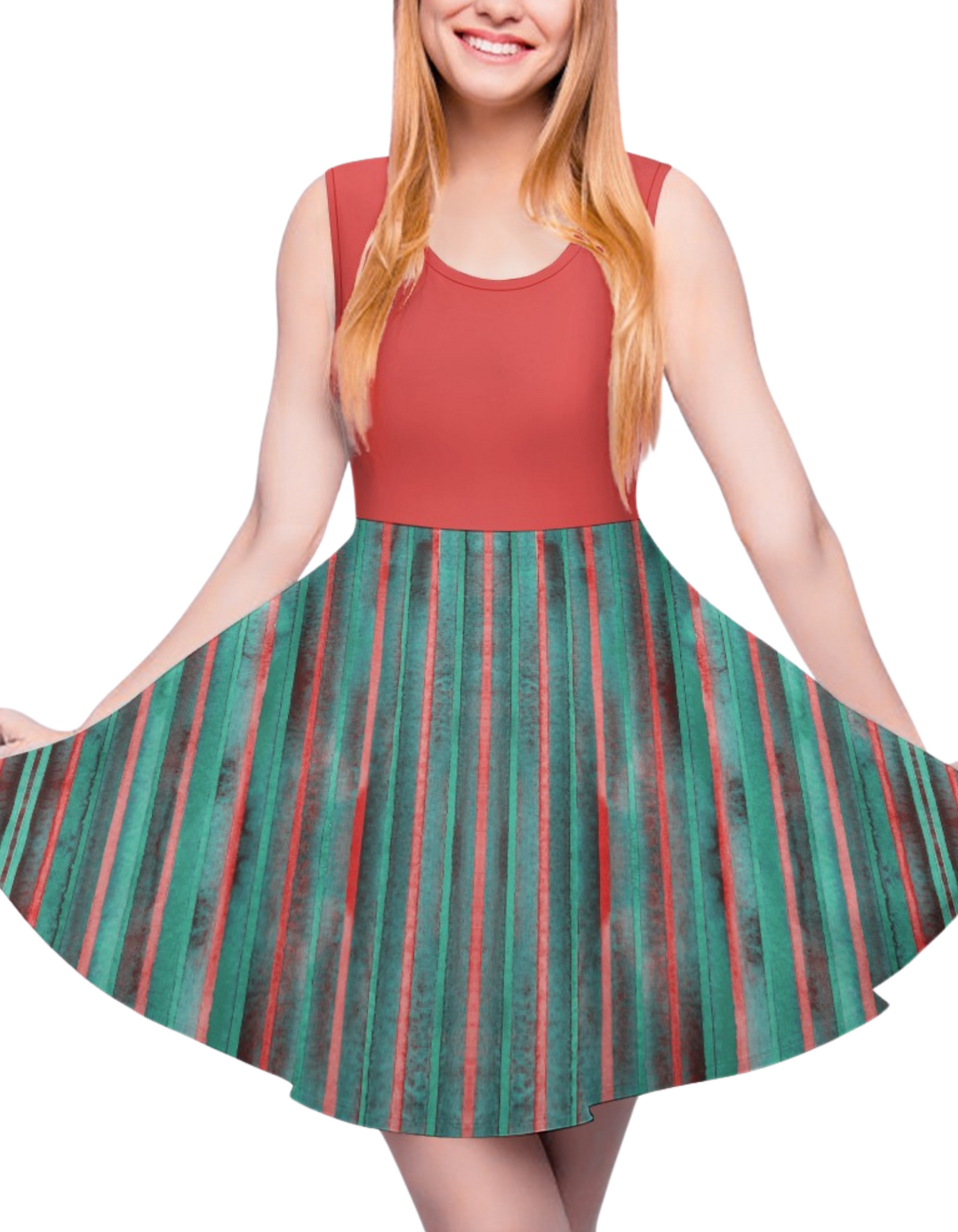 Women's Stripe Contrast Print Dress Round Scoop Neck Sleeveless Flared Dress