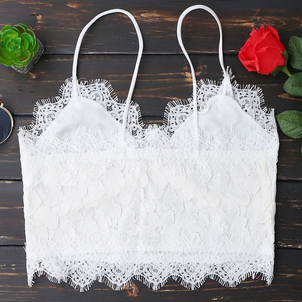 Women's Scalloped Lace Crochet Tank Camisole Spaghetti Strap Sleeveless Open Back Crop Top