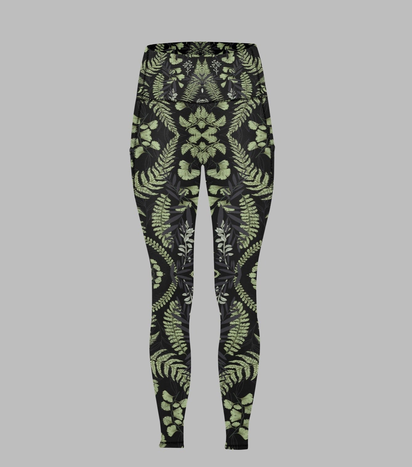 Women's Black Green Leaf Print Leggings with Pockets