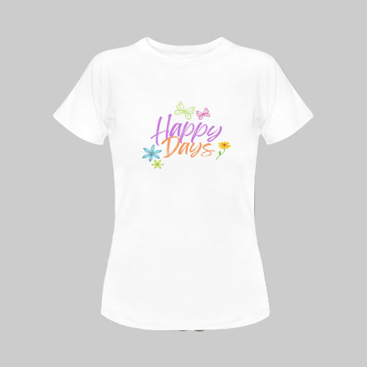 Happy Days Women's T-Shirt – 100% Cotton Graphic Tee with Butterfly & Flower Design