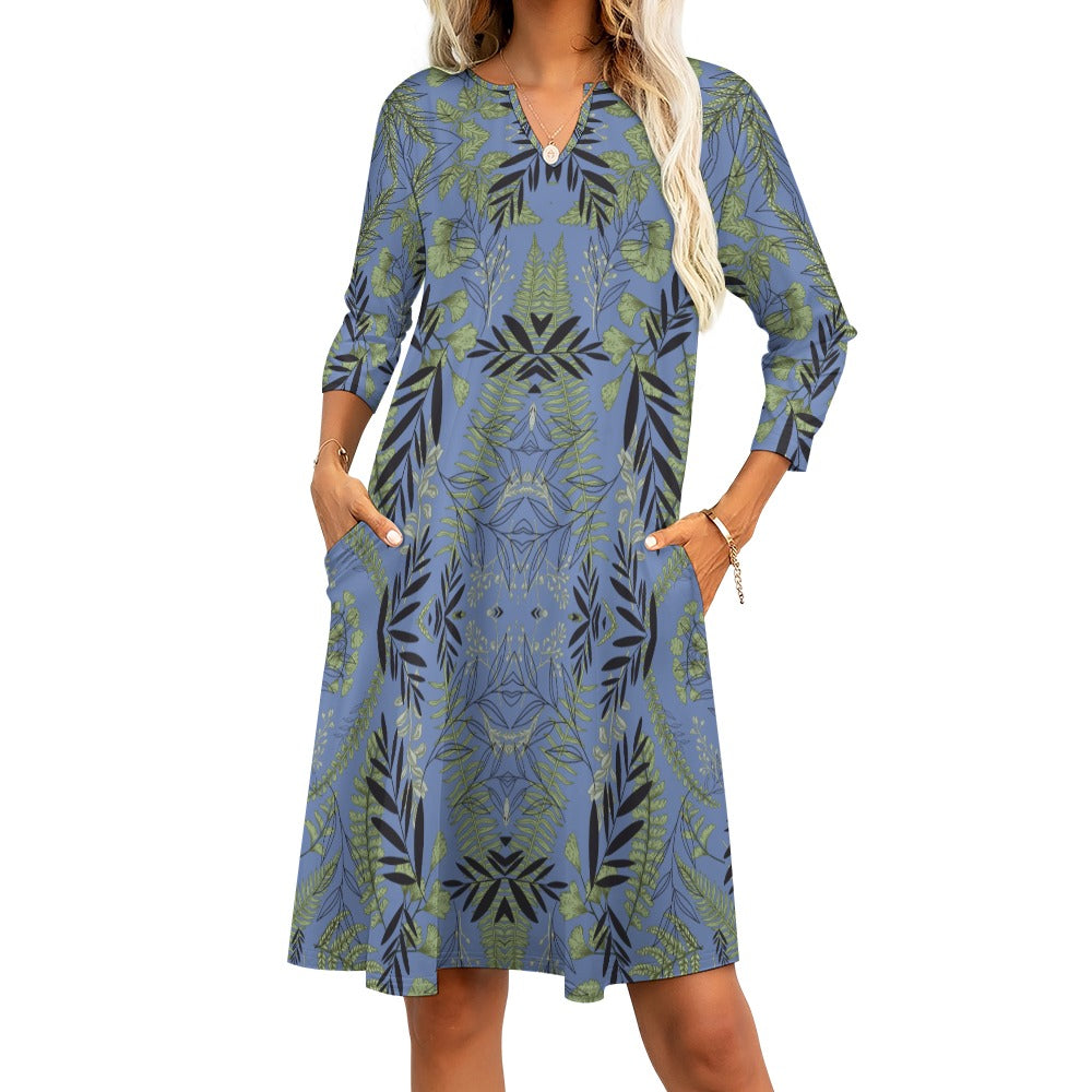 Women's Floral All-Over Print Dress Knee Length Long Sleeve Pockets V-neck All Sizes Plus Size