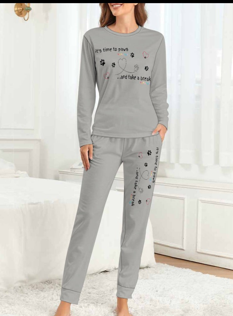 Women's It's Time to Paws Print Two Piece Pyjama Loungewear Set