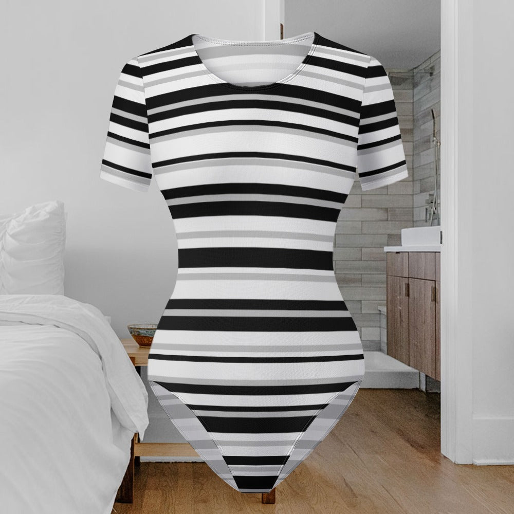 Women's Striped Print Round Neck Short Sleeve Bodysuit Comfortable Casual Fashion Top