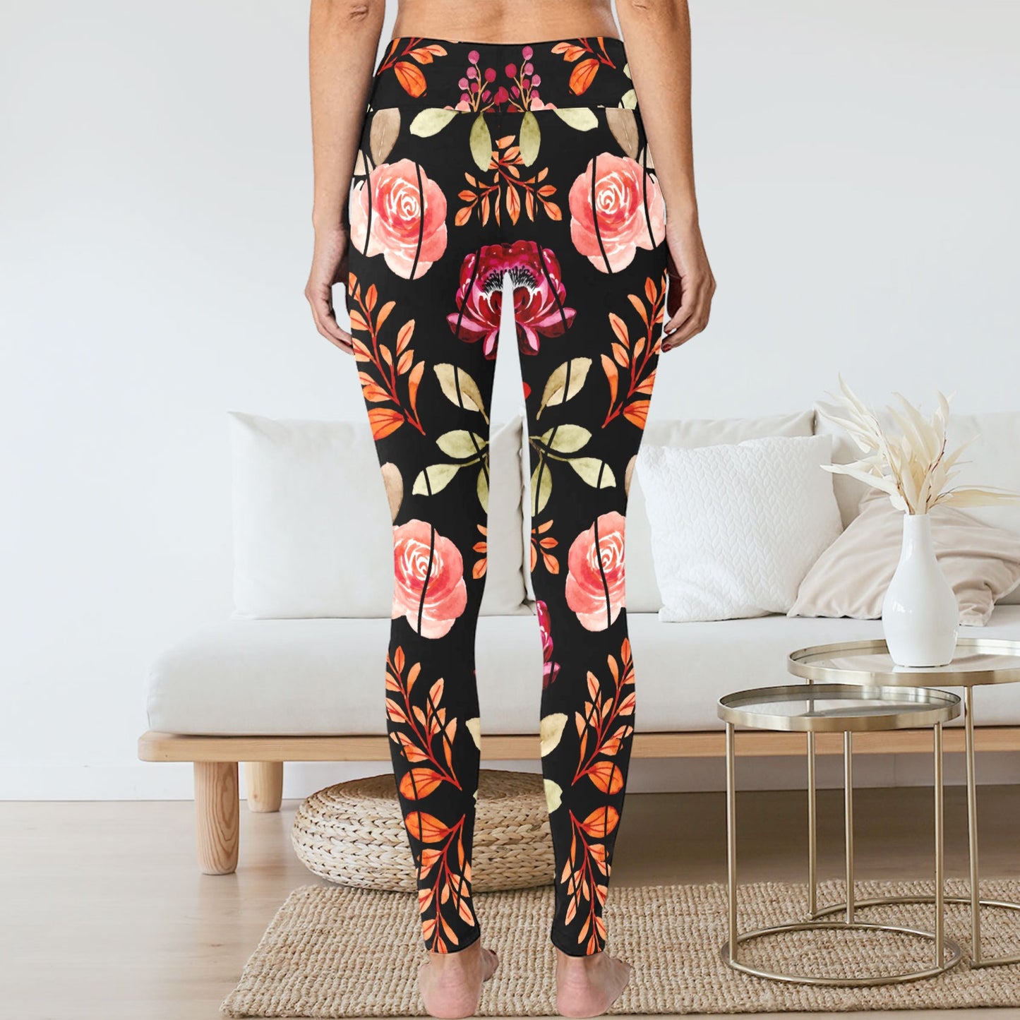Women's Bohemian Black Pink Orange Floral Print Leggings