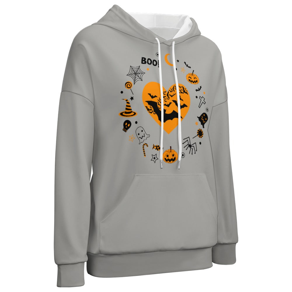 Women's Pumpkin Bat Ghost Halloween Print Dropped Shoulder Hoodie