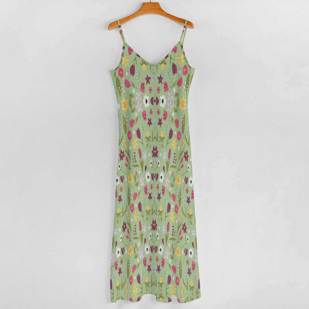 Women's Plus Size Green Floral Print Cami Spaghetti Strap Long Maxi Dress Green