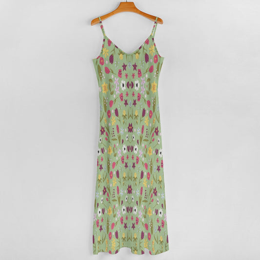 Women's Plus Size Green Floral Print Cami Spaghetti Strap Long Maxi Dress Green