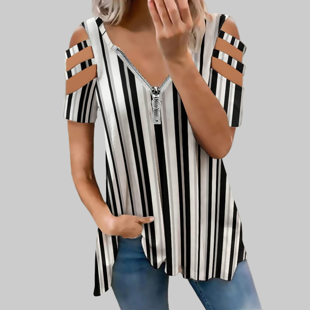 Women's Monochrome Striped Front Zip Cut Out Off Shoulder Blouse Top T-shirt Casual Fashion Black White