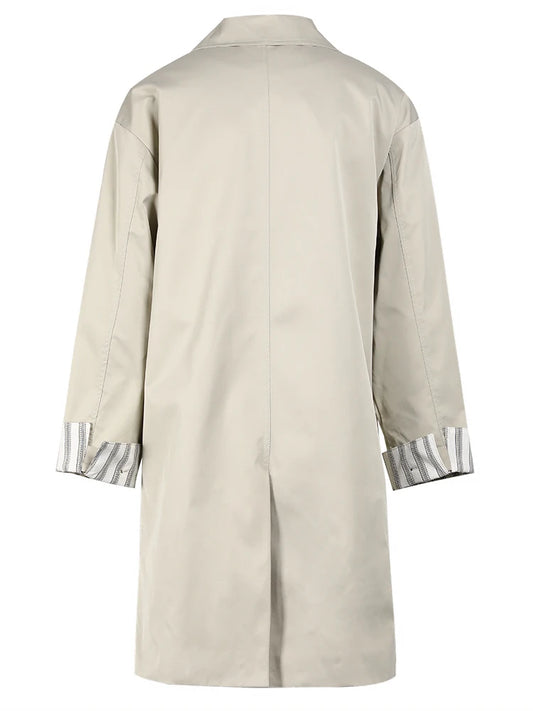 Women's Beige Trench Coat with Striped Cuff Detail