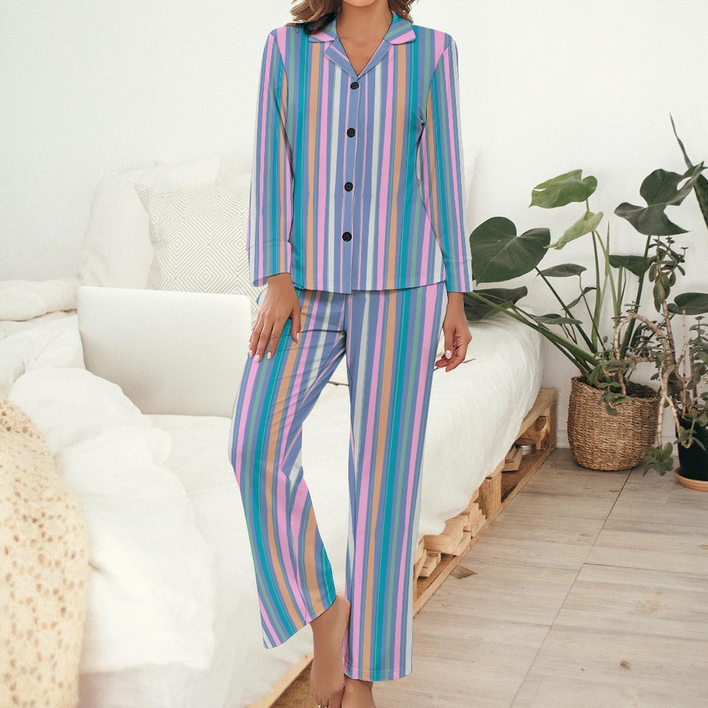 Women's Striped Print Pyjamas 2pc Set Long Sleeve Button Front Top and Full Length Trouser Bottoms Casual Fashion Loungewear Sleepwear