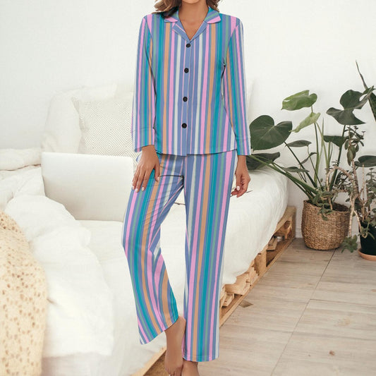 Women's Striped Print Pyjamas 2pc Set Long Sleeve Button Front Top and Full Length Trouser Bottoms Casual Fashion Loungewear Sleepwear