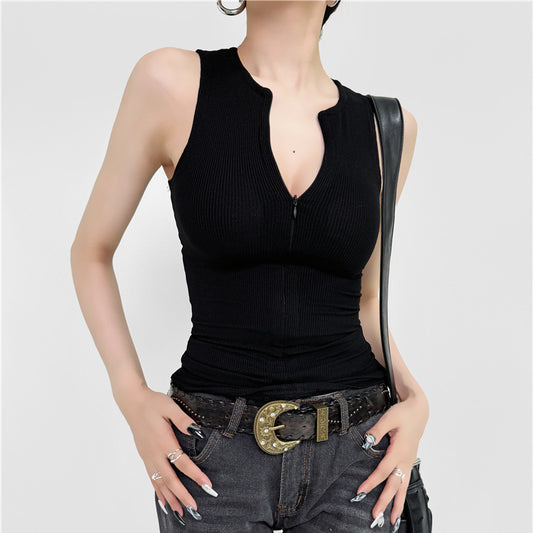 Women's Ribbed Front Zip Sleeveless Vest