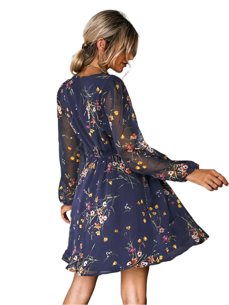 Women's Floral Chiffon Long Sleeve Ditsy Mini Dress