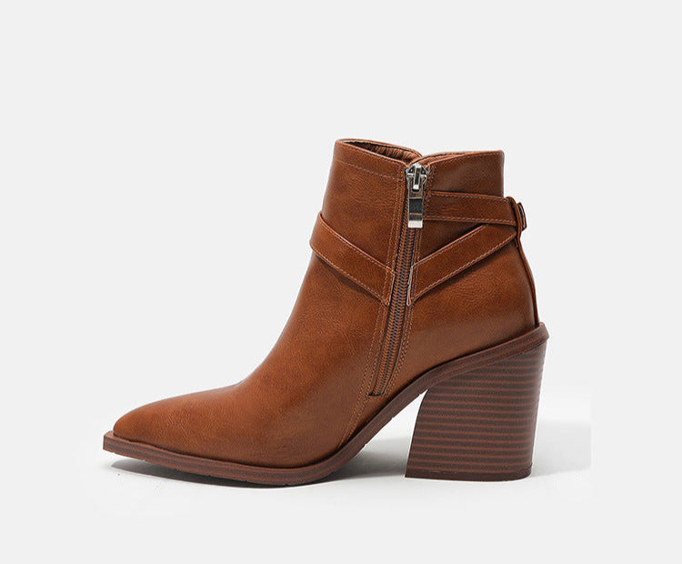 Women's Faux Leather Pointed Toe Thick Heel Ankle Boots