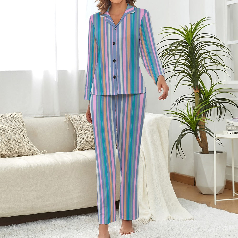 Women's Striped Print Pyjamas 2pc Set Long Sleeve Button Front Top and Full Length Trouser Bottoms Casual Fashion Loungewear Sleepwear