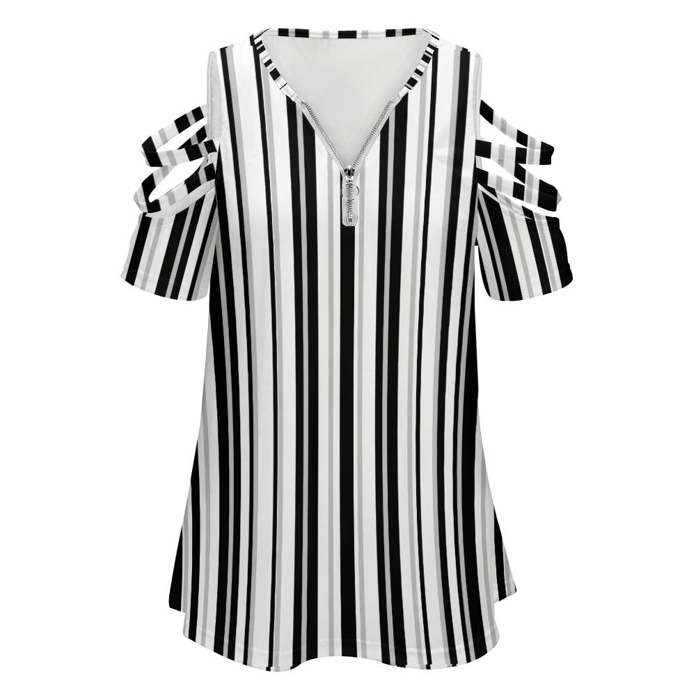 Women's Monochrome Striped Front Zip Cut Out Off Shoulder Blouse Top T-shirt Casual Fashion Black White