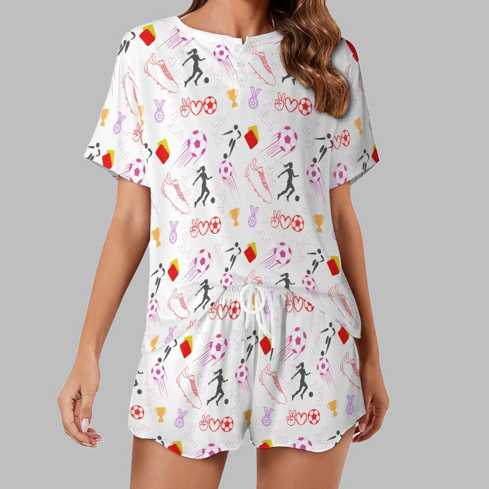 Women's Football Print Two Piece Shorts and T-shirt Pyjamas Set