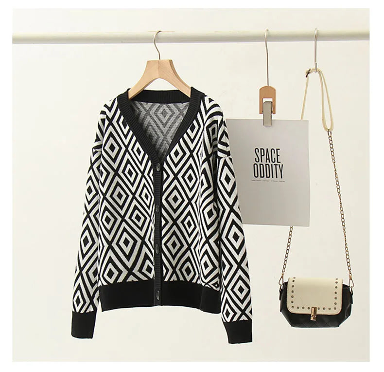 Women's Geometric Print Cardigan Knitted Long Sleeve Button Front