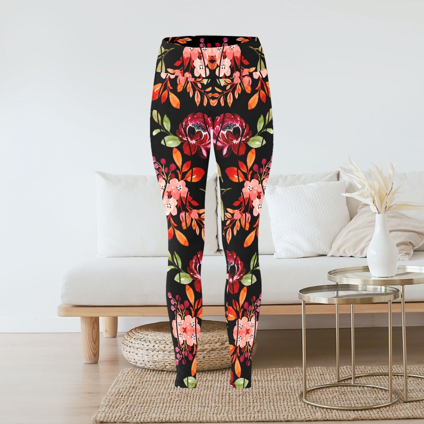 Women's Bohemian Black Pink Orange Floral Print Leggings