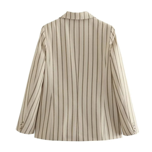 Women's Beige Brown Striped Single Breasted Blazer Jacket