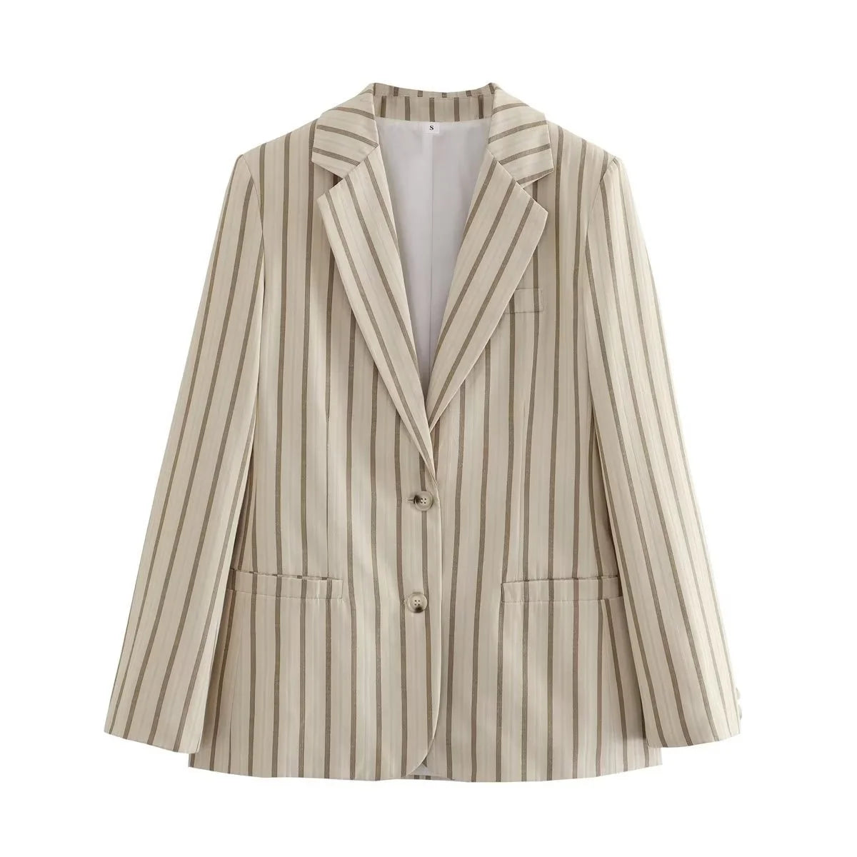 Women's Beige Brown Striped Single Breasted Blazer Jacket