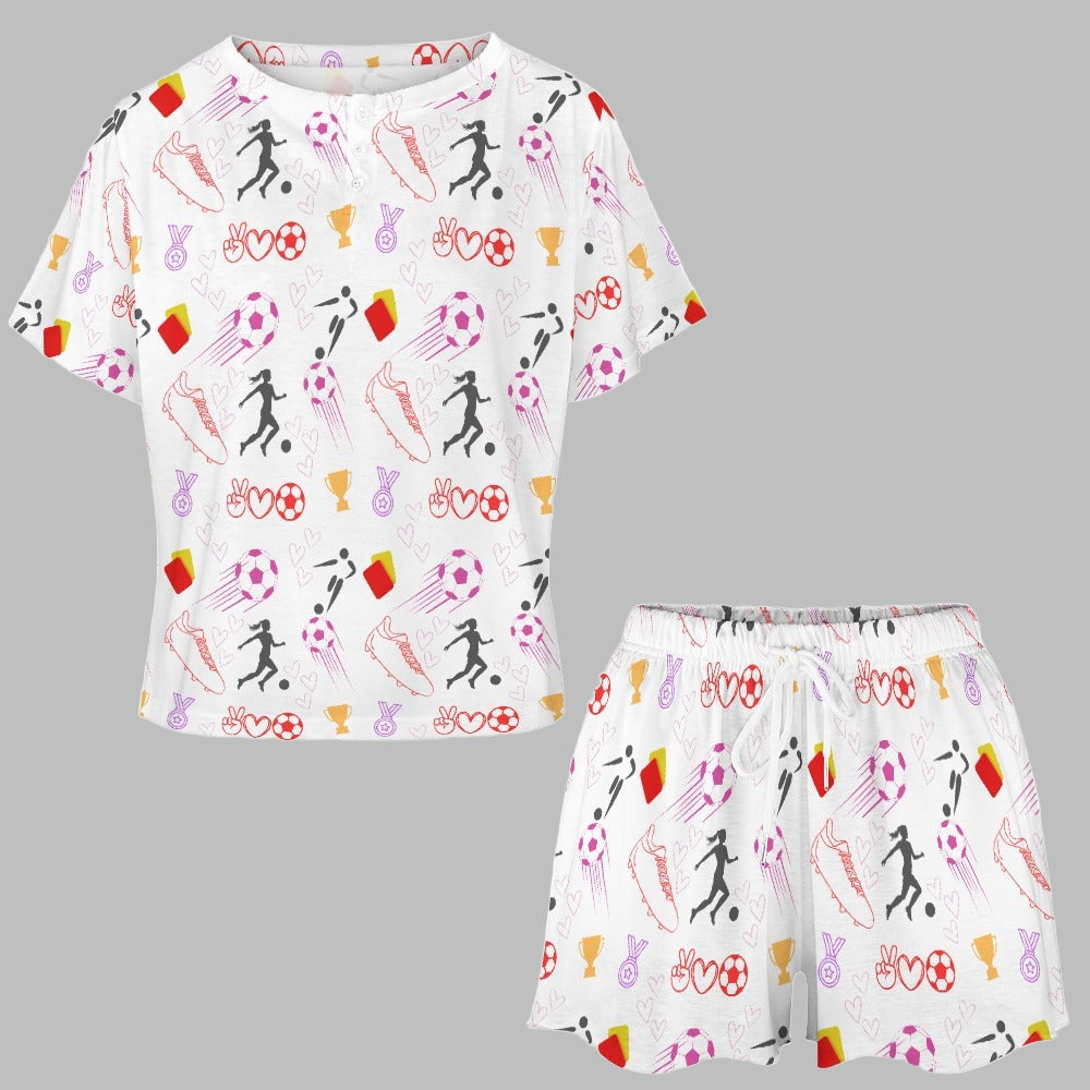 Women's Football Print Two Piece Shorts and T-shirt Pyjamas Set