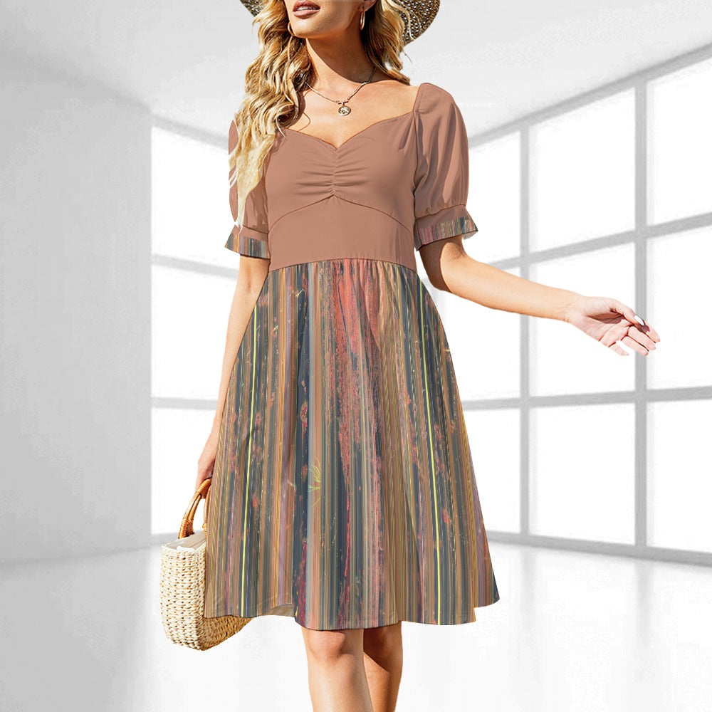 Women's Stripe Print Sweetheart Neck Fitted Midi Dress