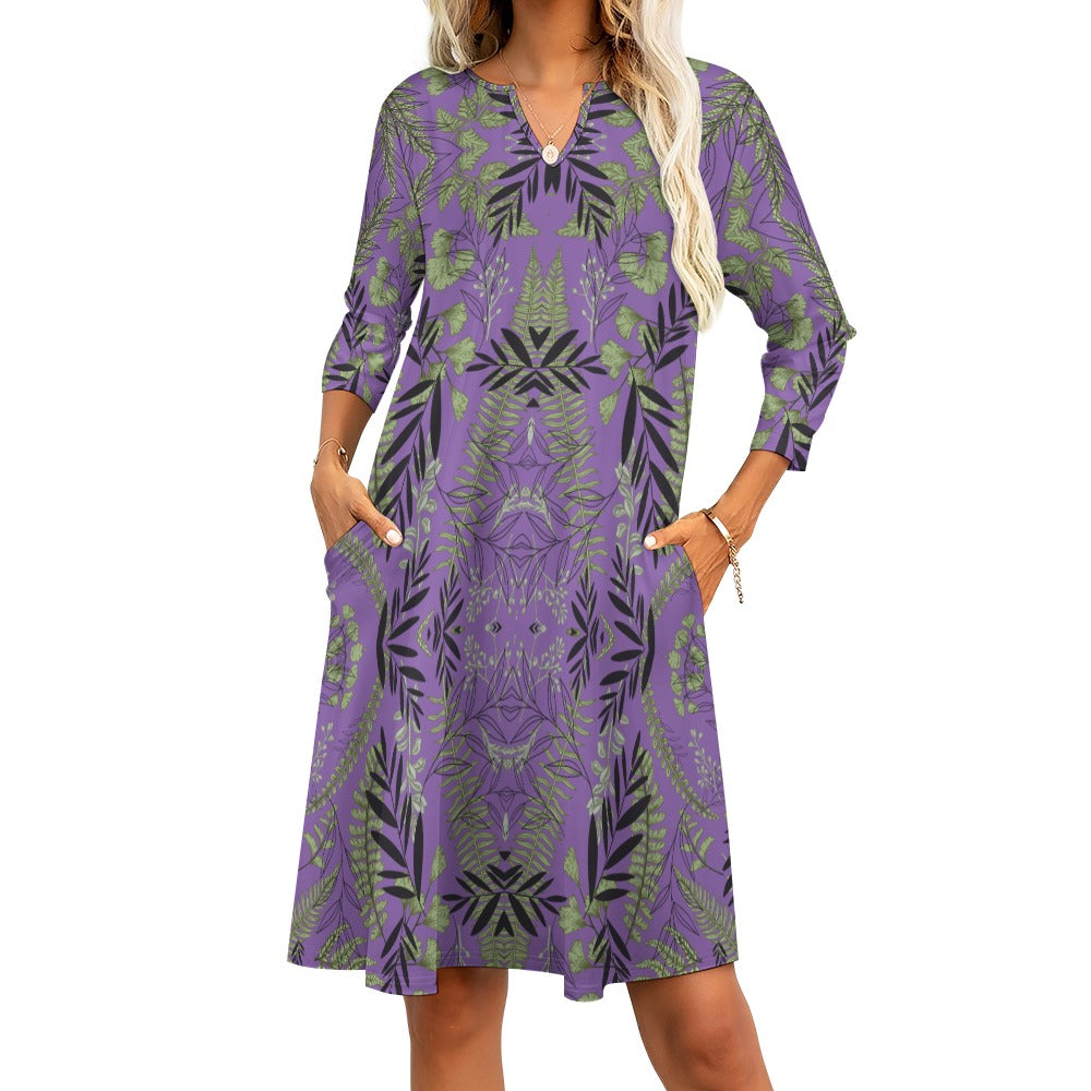 Women's Floral All-Over Print Dress Knee Length Long Sleeve Pockets V-neck All Sizes Plus Size