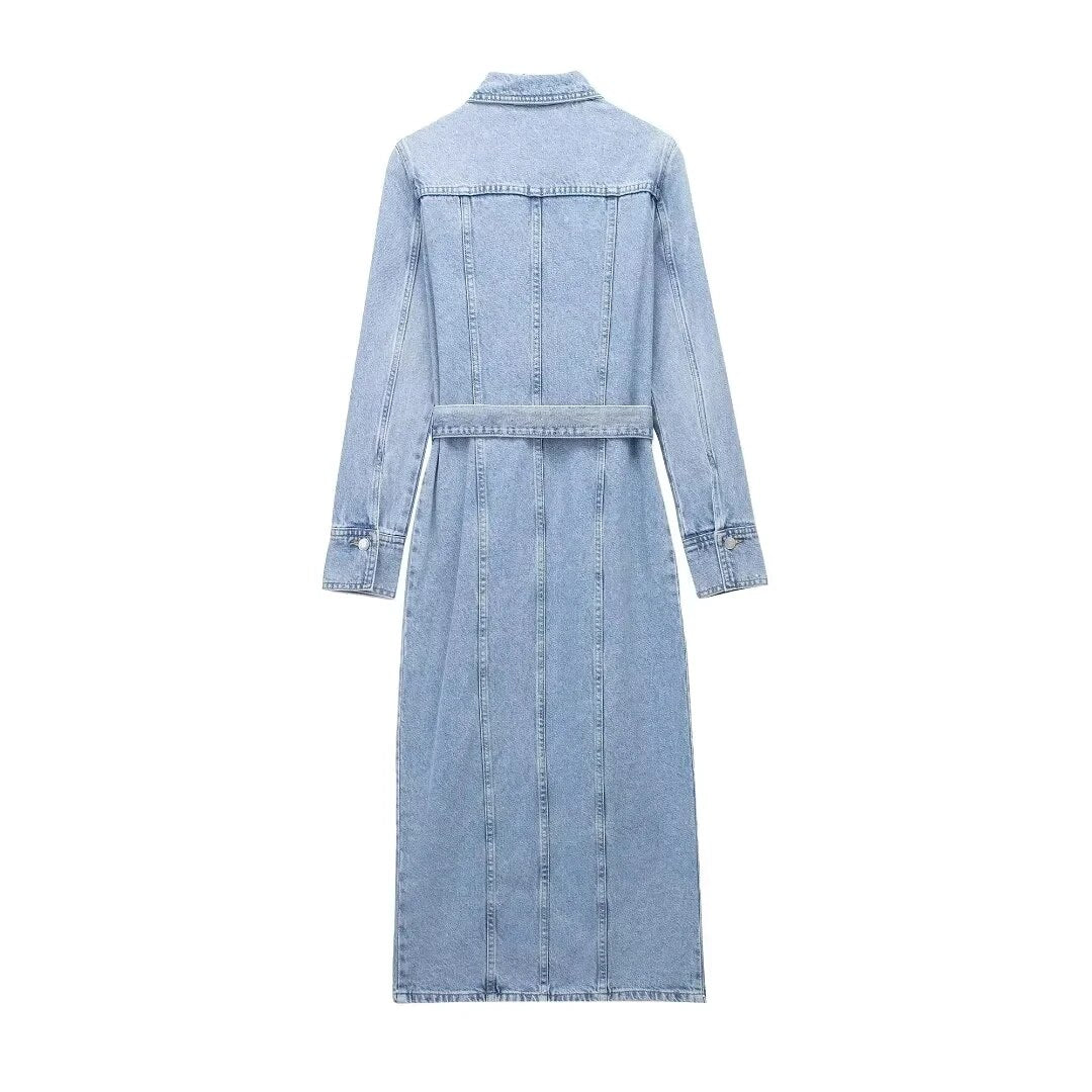 Women's Denim Shirt Dress Midi Long Sleeve Button Front Belt Tie Waist