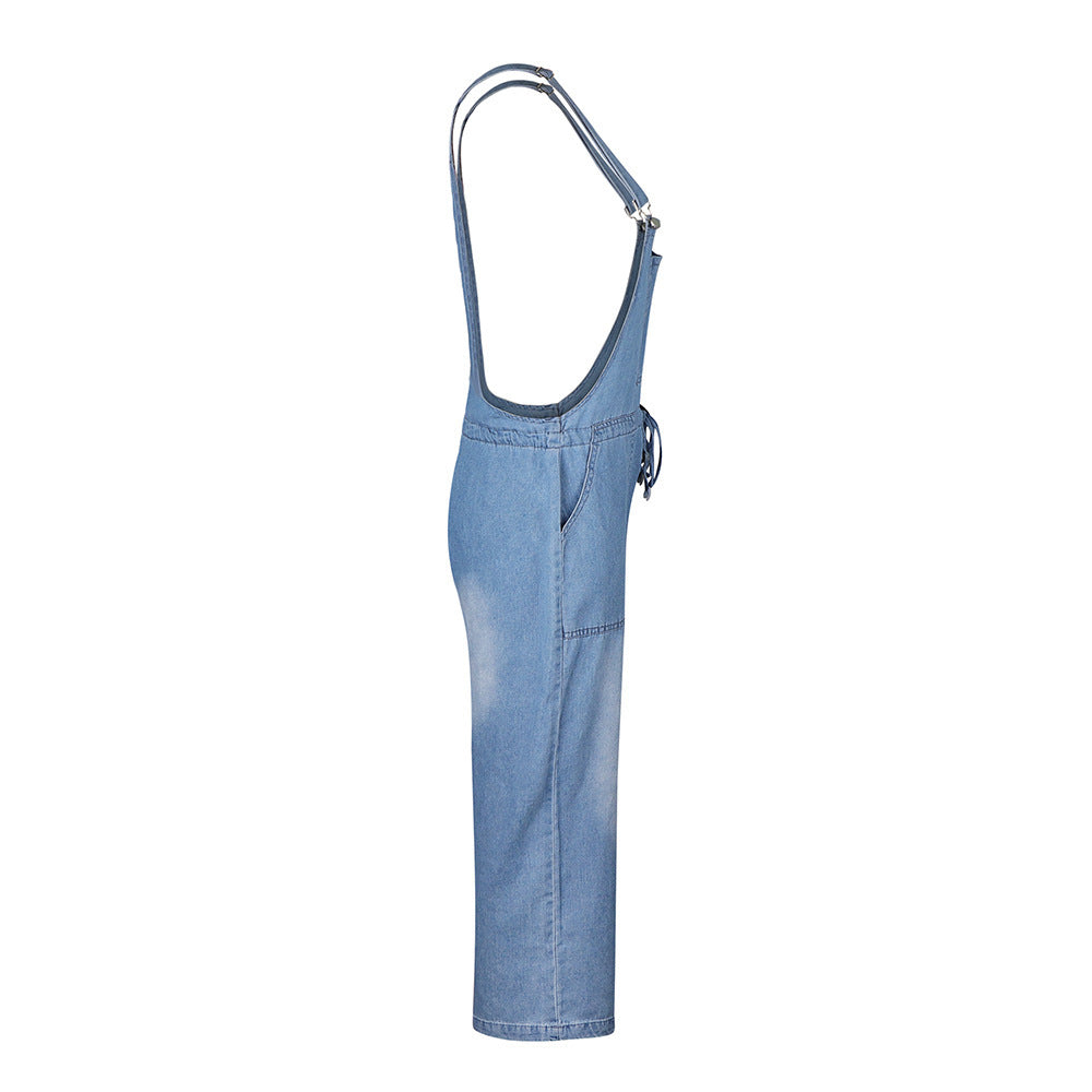 Women's Denim Jumpsuit Drawstring Waist with Pockets Dungarees