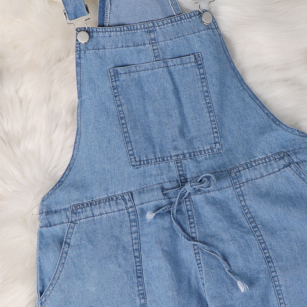 Women's Denim Jumpsuit Drawstring Waist with Pockets Dungarees