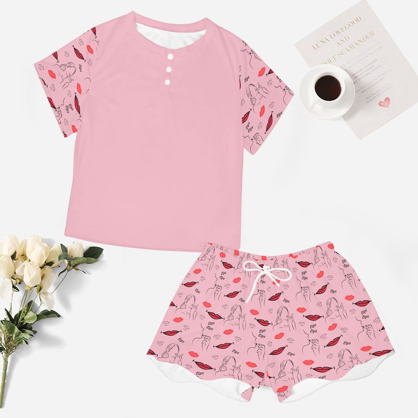 Women's Lips Lipstick All-over Print Two Piece Set Shorts and T-shirt Short Sleeve Loungewear Pyjamas