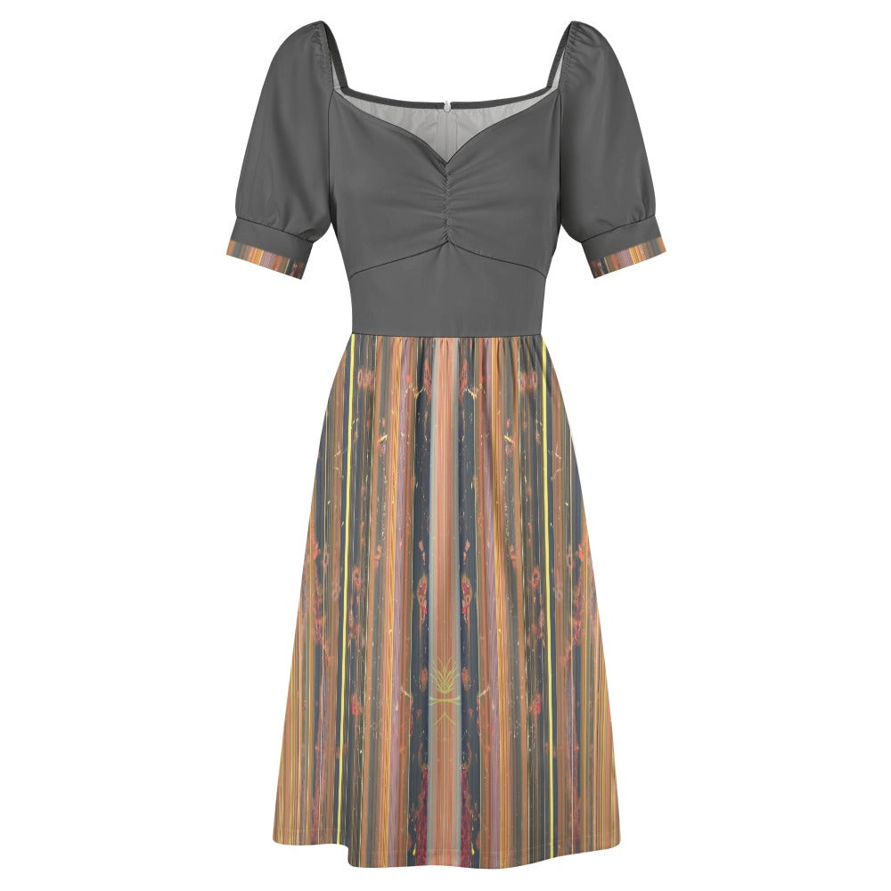 Women's Stripe Print Sweetheart Neck Fitted Midi Dress
