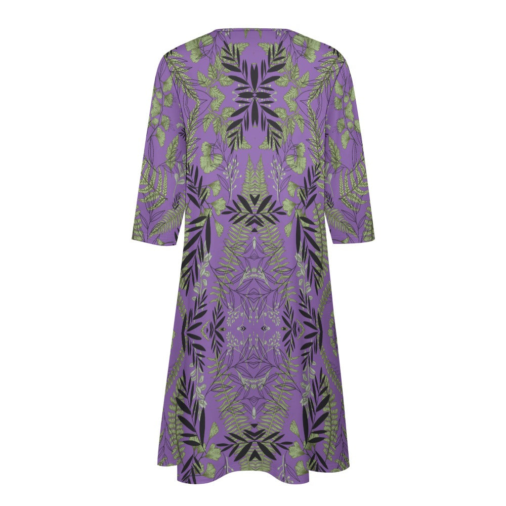 Women's Floral All-Over Print Dress Knee Length Long Sleeve Pockets V-neck All Sizes Plus Size