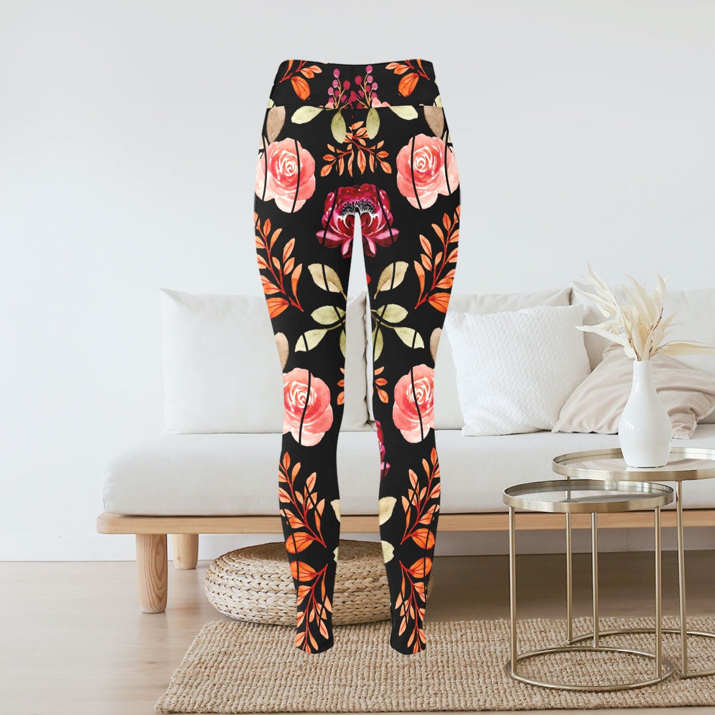 Women's Bohemian Black Pink Orange Floral Print Leggings