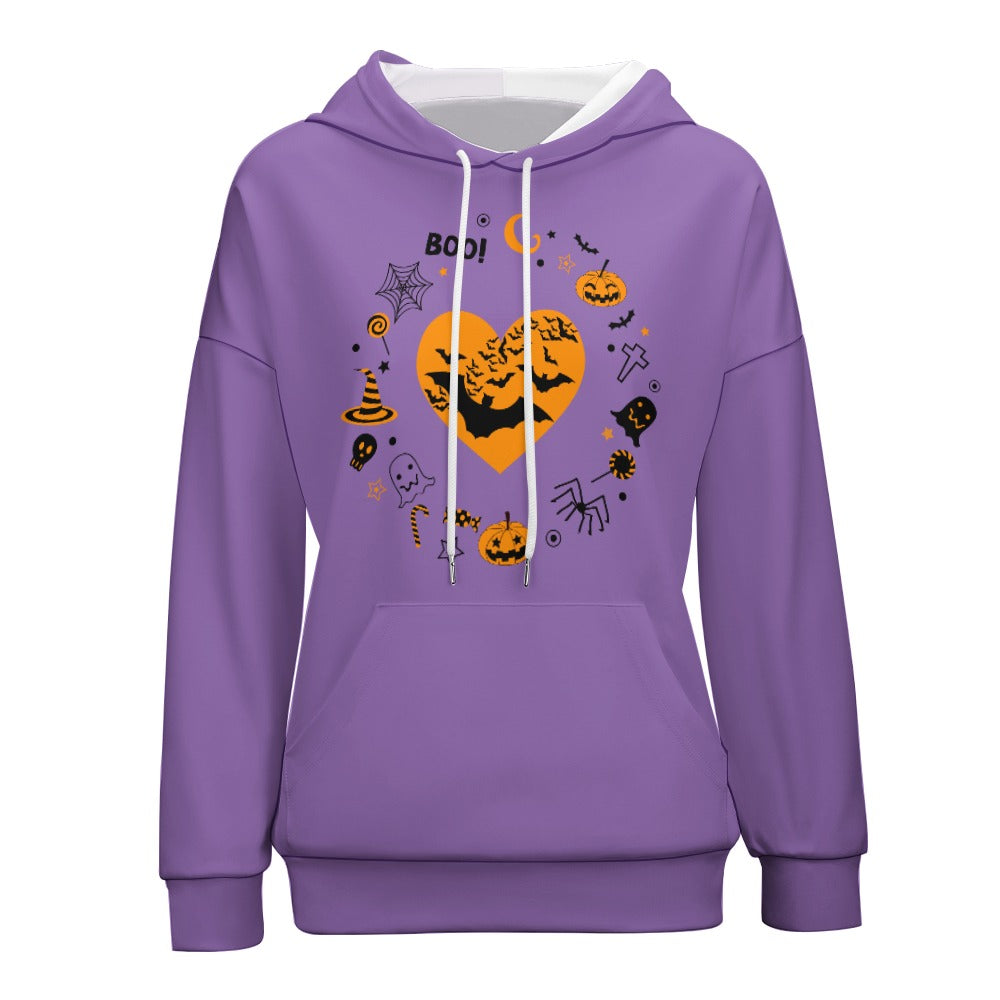 Women's Pumpkin Bat Ghost Halloween Print Dropped Shoulder Hoodie