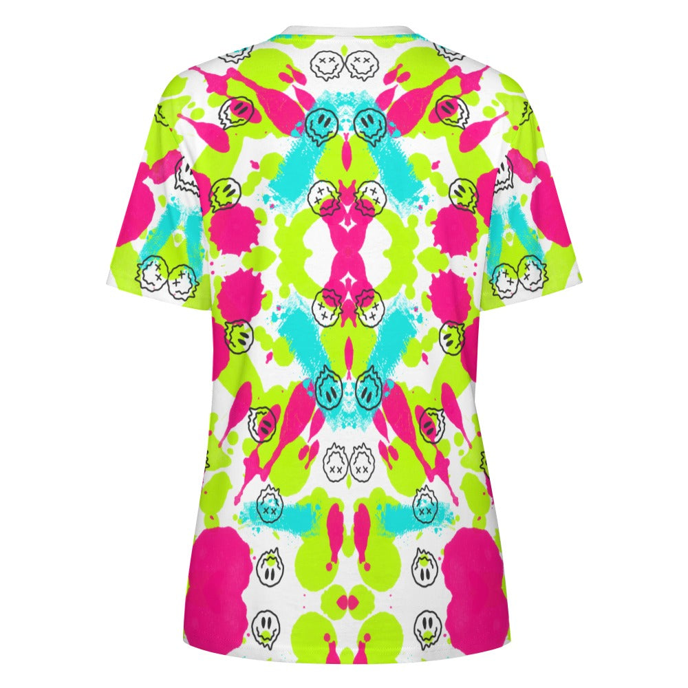 Women's Paint Splash Smiley Face Print Cotton T-shirt