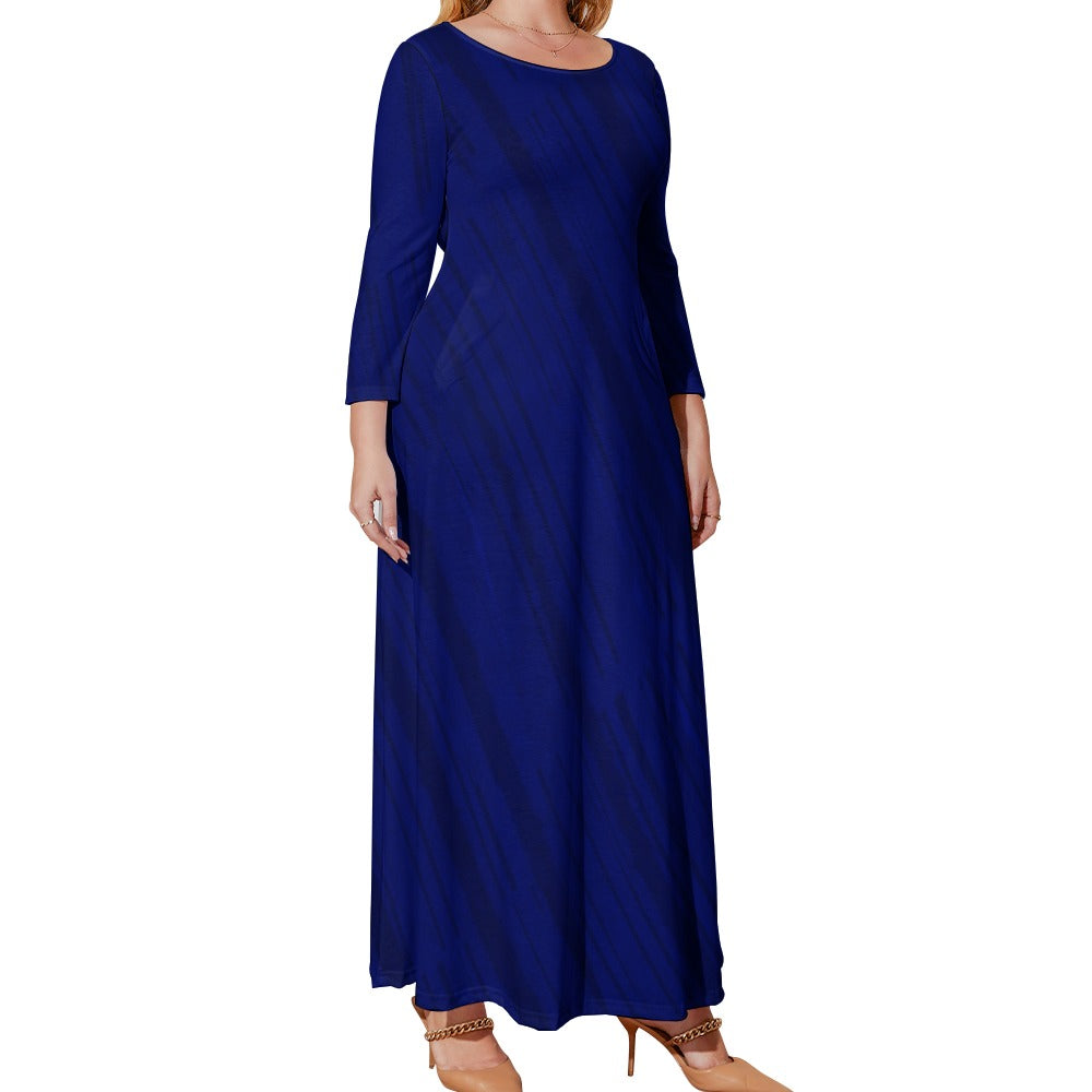 Women's Plus Size Loose Crew Neck Ankle Length Long Sleeve With Pockets Stripe Print Dress - Navy Blue