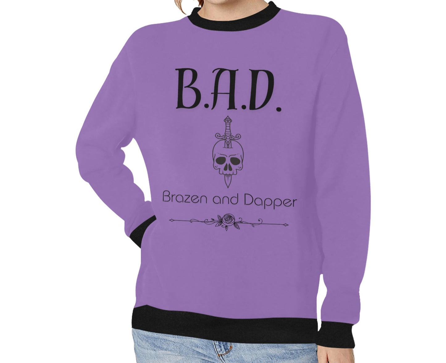 Women's B.A.D Brazen And Dapper Print Ribbed Hem Cuff Sweater
