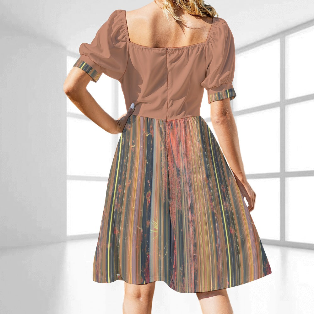 Women's Stripe Print Sweetheart Neck Fitted Midi Dress