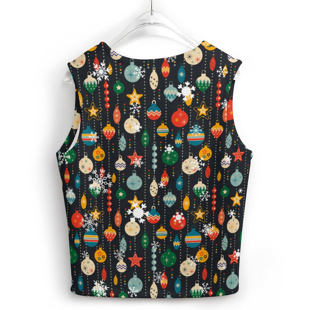 Women's Christmas Bauble Theme Sleeveless Ribbed Knit V-Neck Vest Tank Top
