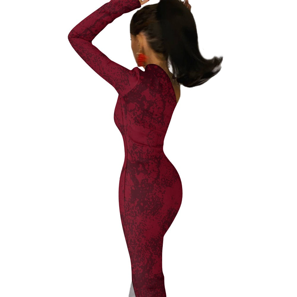 Women's Red One Shoulder Half Sleeve Thigh Slit Leg Long Dress