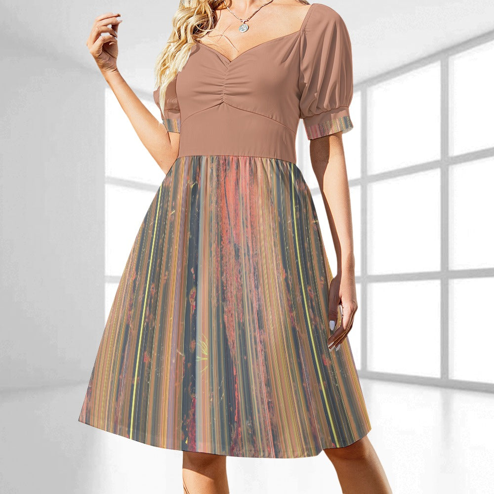 Women's Stripe Print Sweetheart Neck Fitted Midi Dress